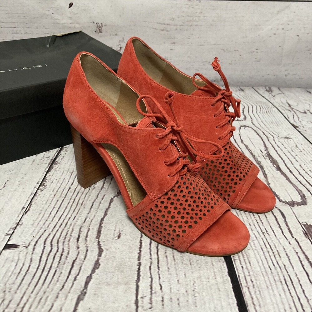 Tahari Shoes Womens Size 9M Coral Pink‎ Megyn Suede Lace Up Perforated Open Toe